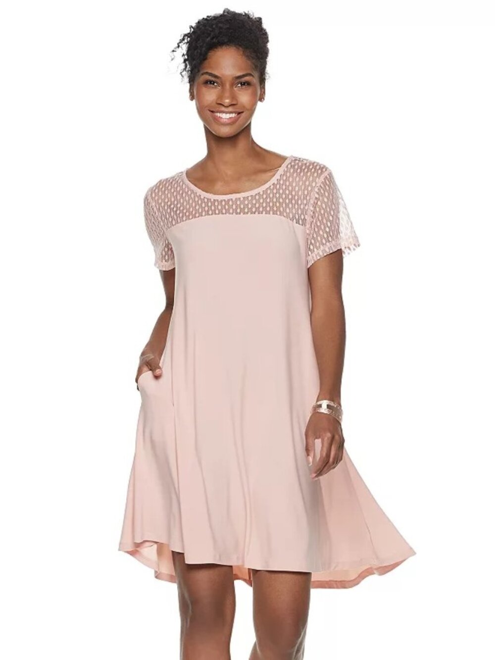 Women's Stunning Nina Leonard Sheer Dot Mesh Blush Pink Swing Dress